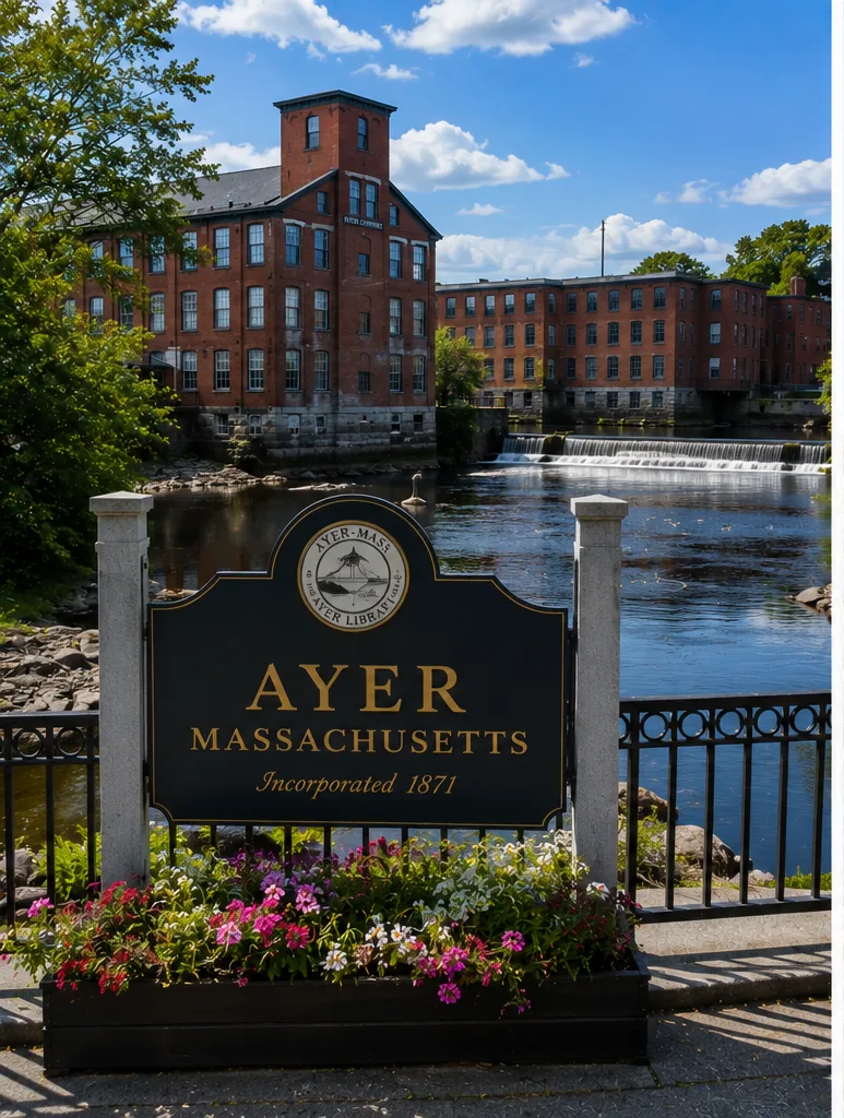Sign for Ayer Massachusetts Incorporated 1871 Beside a River with Brick Mill Buildings Nearby and Flowers in the Foreground