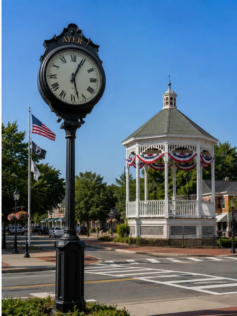 Ornate Black Street Clock with Roman Numerals in a Town Square Next to a White Gazebo Draped with Red White and Blue Bunting
