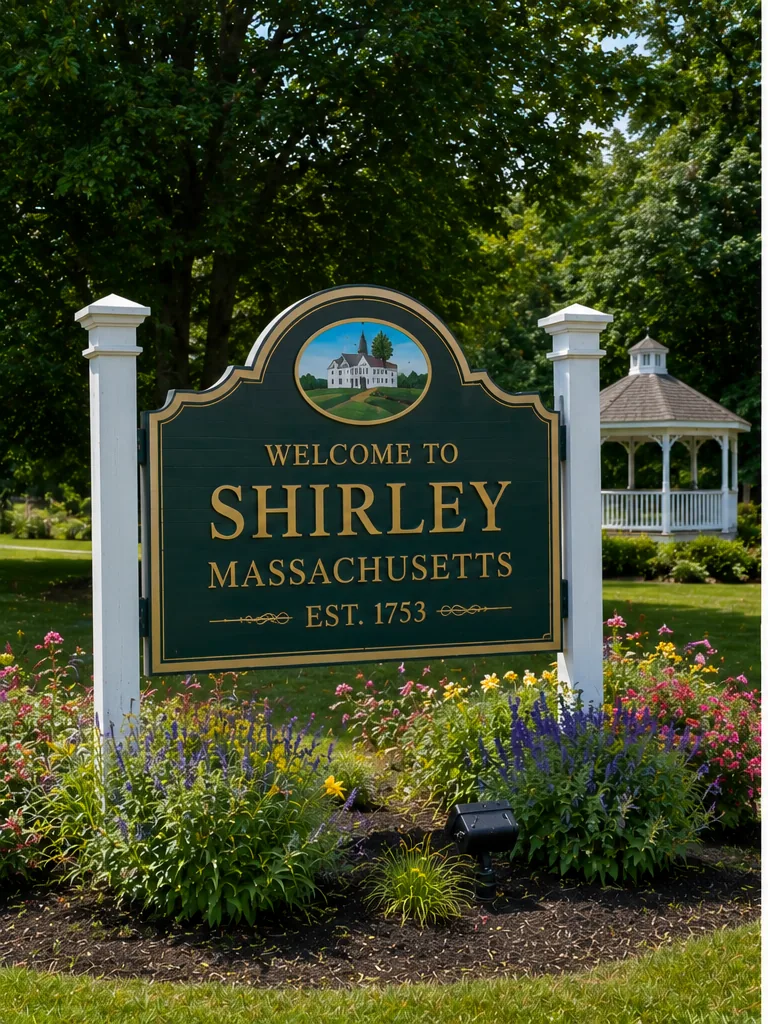 Welcome Sign for Shirley Massachusetts with a Garden Bed in Front and a Gazebo in the Background